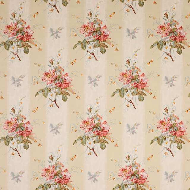 Beige cotton fabric with large pink floral sprays and green foliage