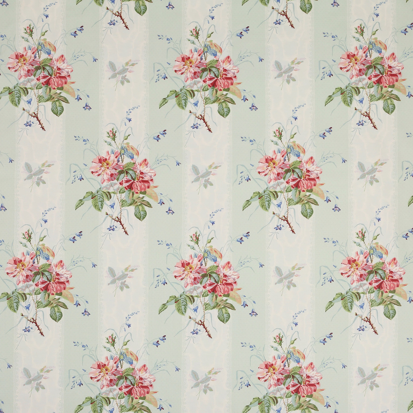 Pale aqua floral cotton with pink rose clusters and blue sprigs