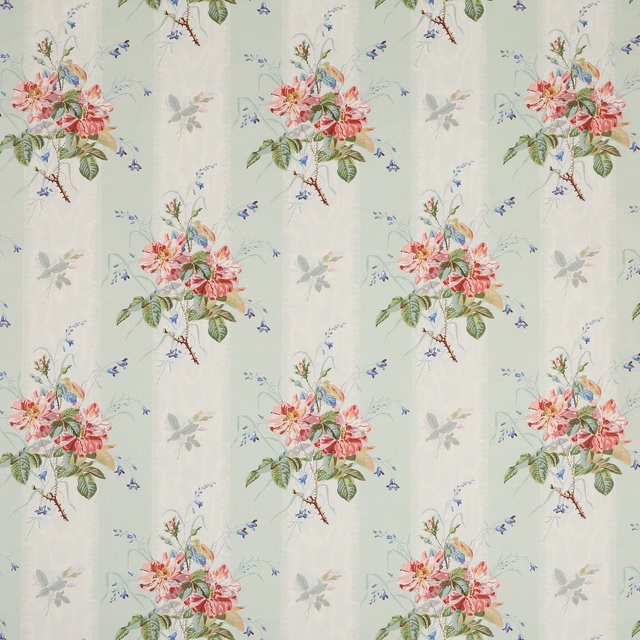 Pale aqua floral cotton with pink rose clusters and blue sprigs