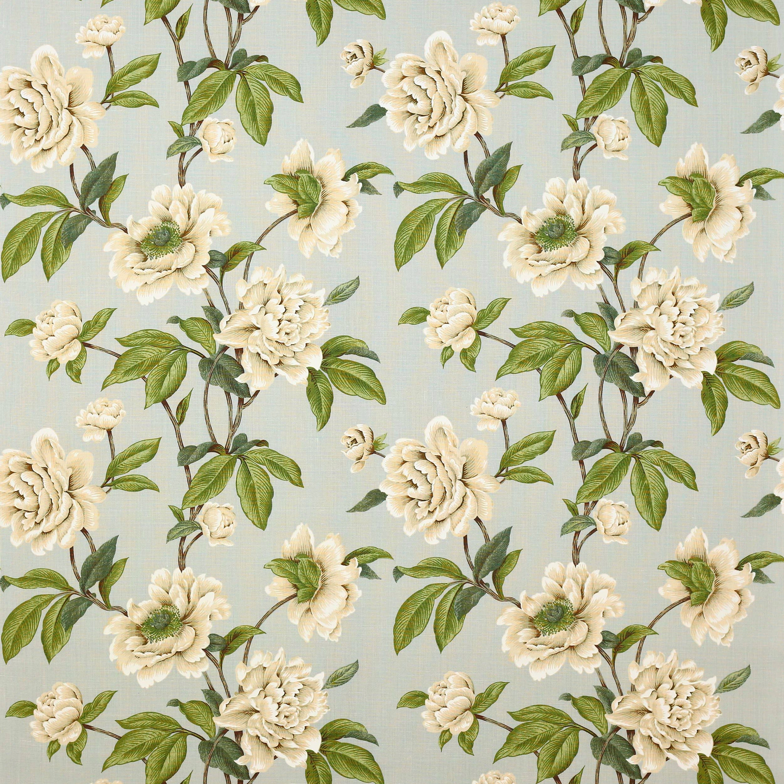 Large cream flowers and green leaves on a soft aqua linen ground