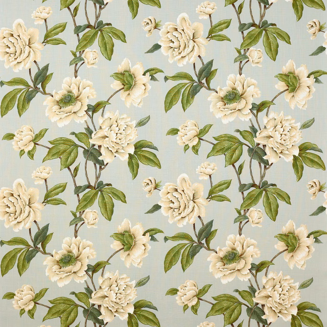 Large cream flowers and green leaves on a soft aqua linen ground