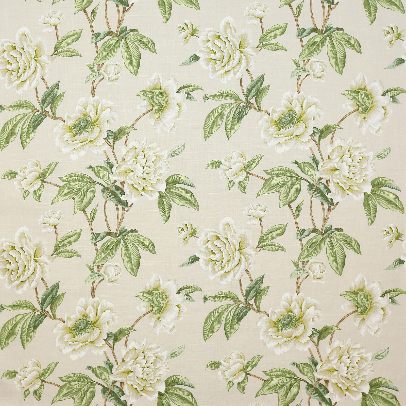 Large ivory and pale green floral linen fabric on a soft cream ground