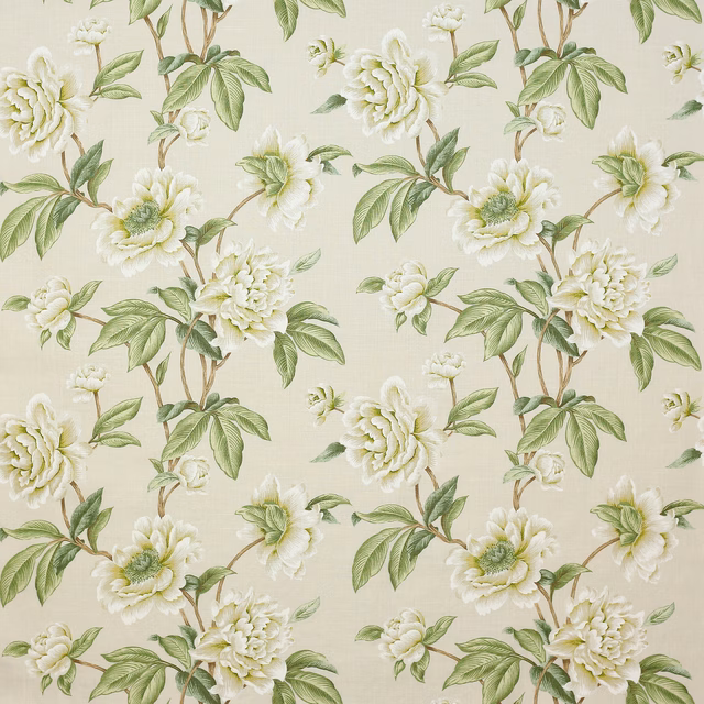 Large ivory and pale green floral linen fabric on a soft cream ground