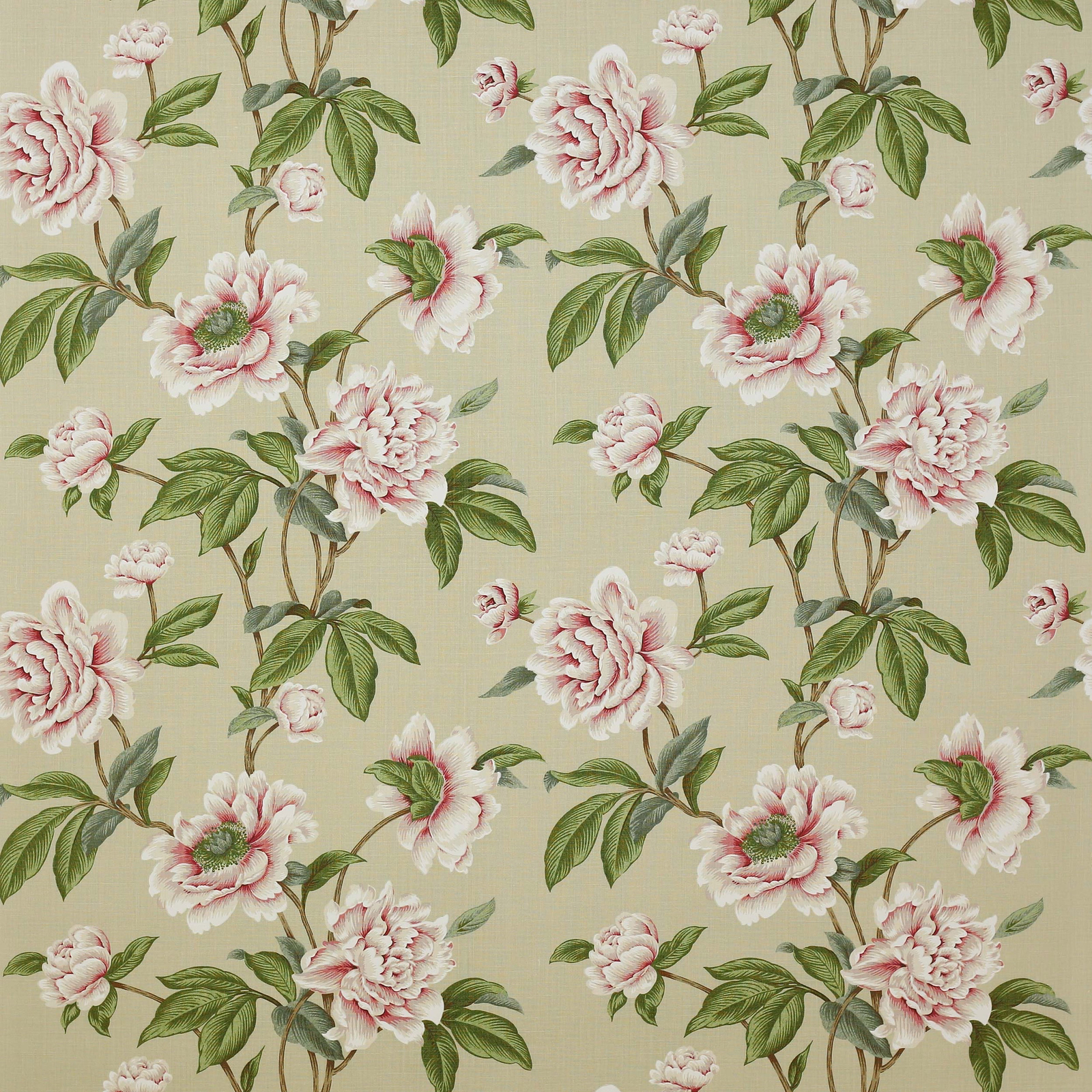 Large pink-and-green floral linen fabric on a pale cream ground