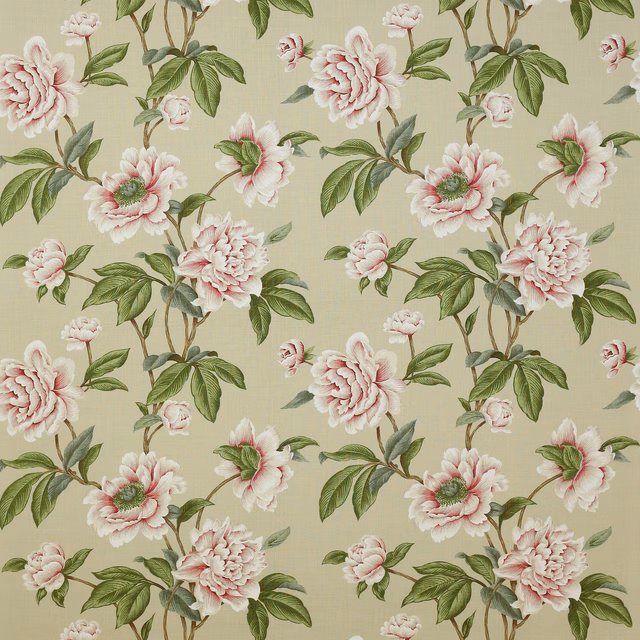 Large pink-and-green floral linen fabric on a pale cream ground