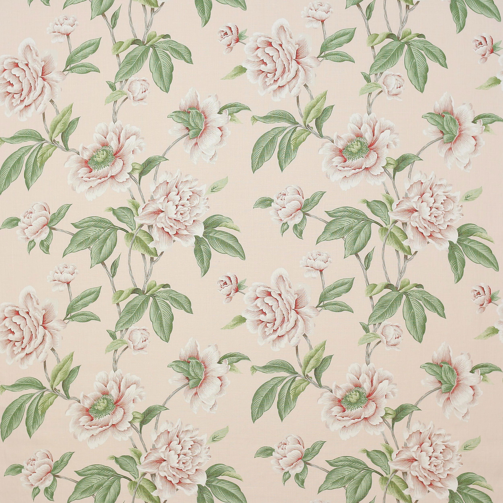 Pale shell-pink floral linen with green leaves and large blossoms