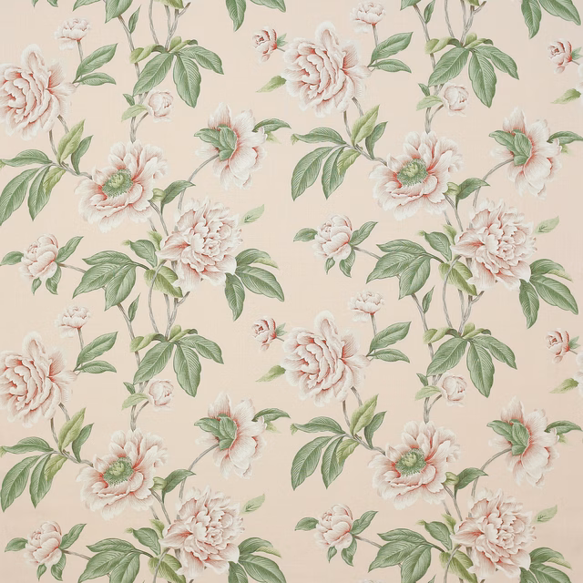 Pale shell-pink floral linen with green leaves and large blossoms
