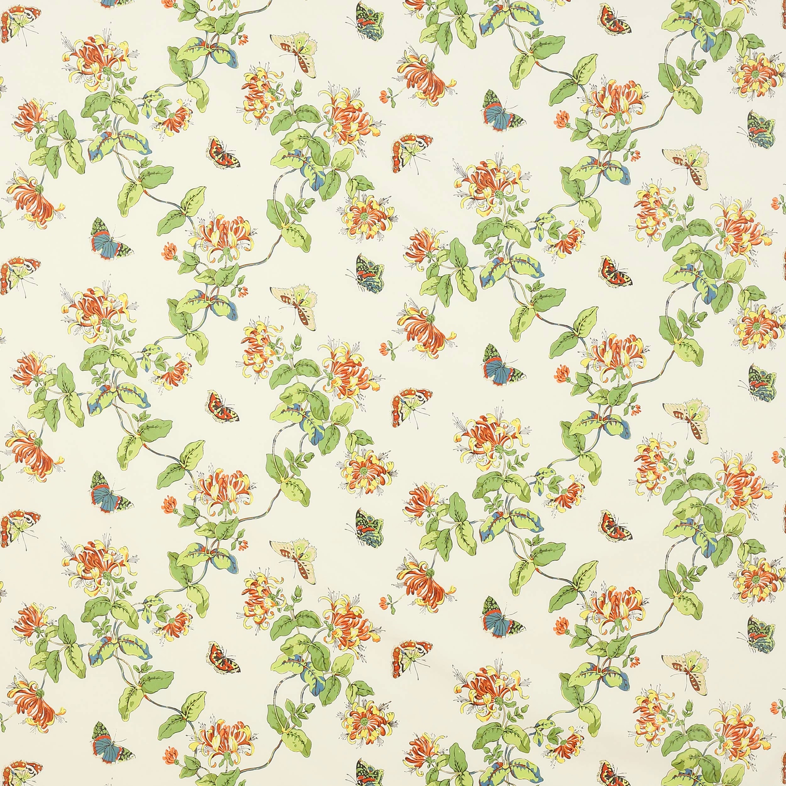Cream cotton fabric with yellow-orange flowers, green vine leaves and butterflies