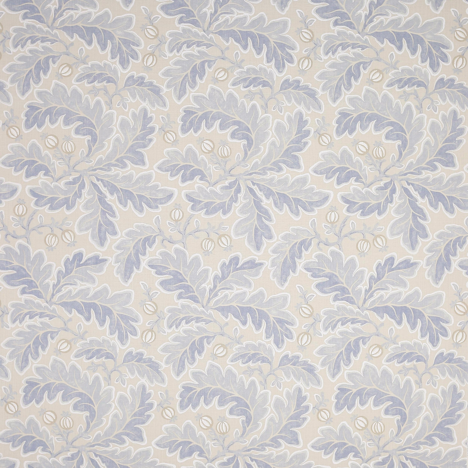 Pale blue damask linen swatch with ivory leaf motifs on a soft cream ground