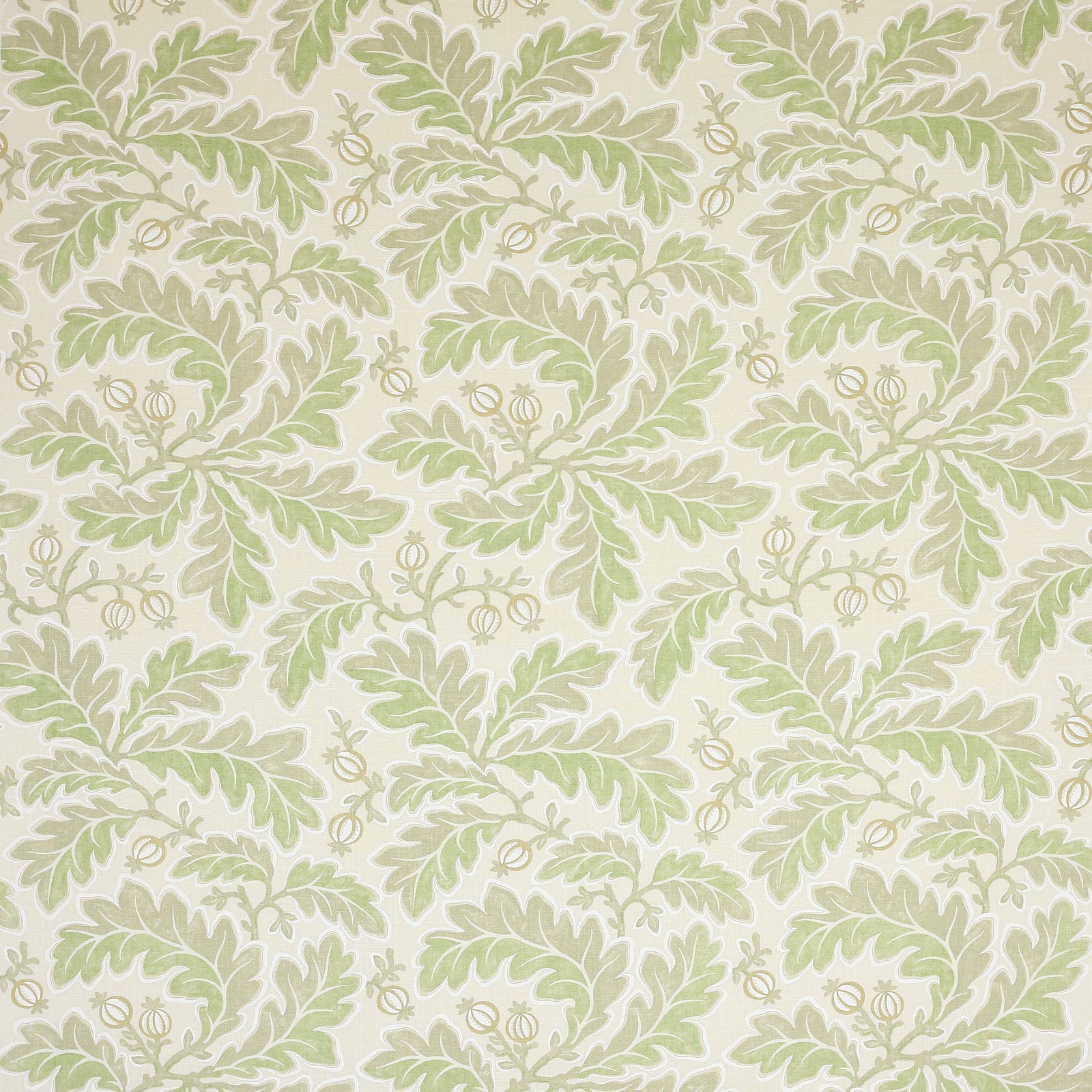 Pale sage green damask pattern on a cream linen ground