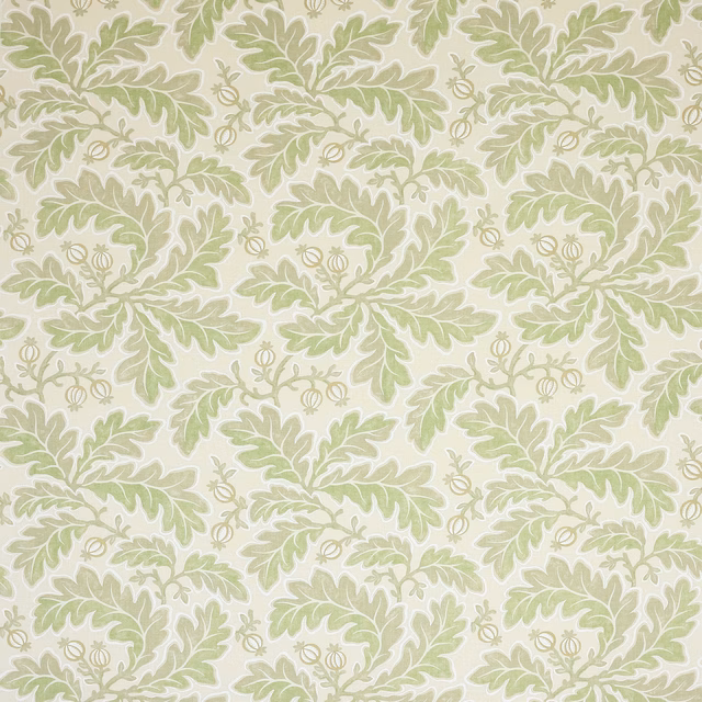 Pale sage green damask pattern on a cream linen ground