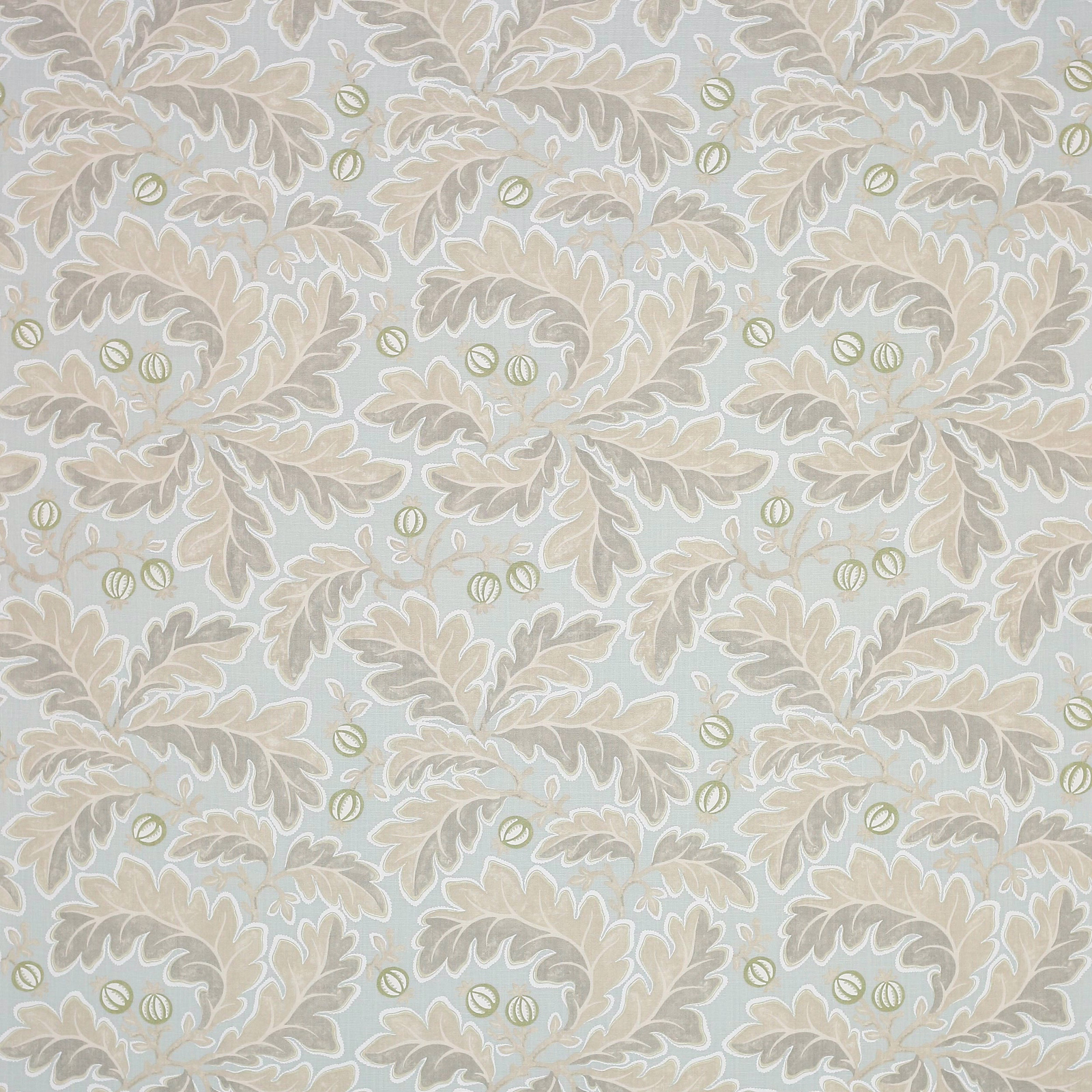 Soft old blue linen fabric with cream damask leaves and small striped berry motifs