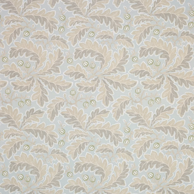 Soft old blue linen fabric with cream damask leaves and small striped berry motifs