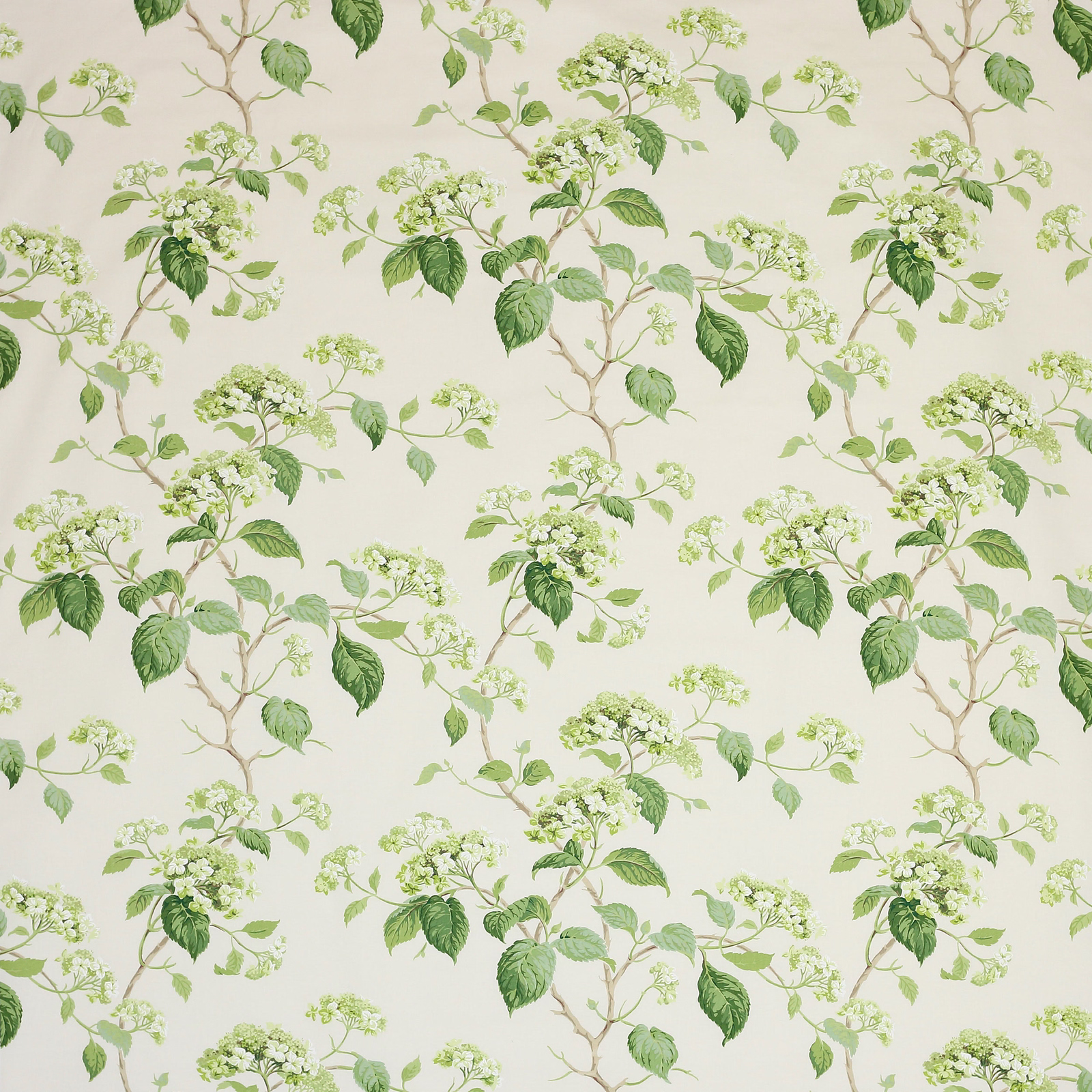 Botanical cotton fabric with green leaves and pale blossom sprigs on ivory