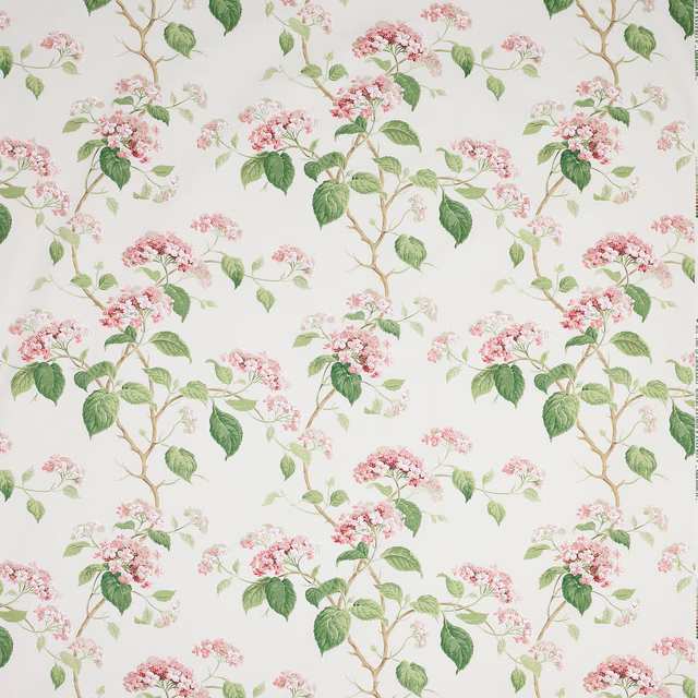 Pink blossom and green leaf floral cotton fabric on a pale ground