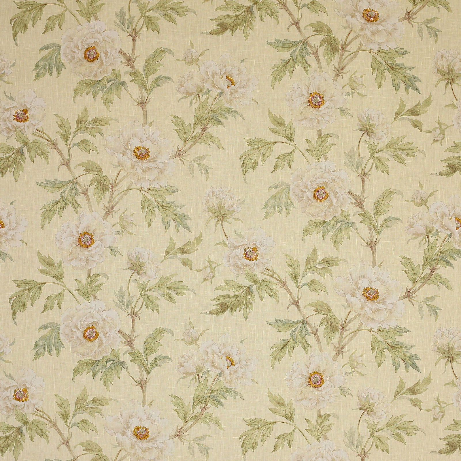 Ivory linen floral fabric with pale green leaves and cream peony blossoms