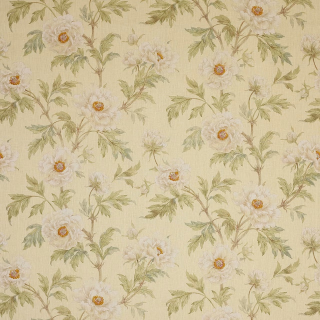 Ivory linen floral fabric with pale green leaves and cream peony blossoms