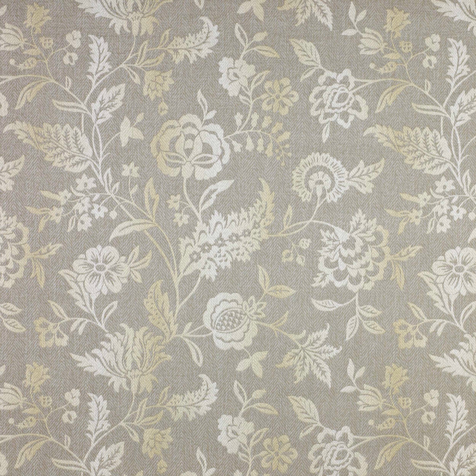 Silver-grey floral fabric with pale ivory blossoms and a subtle diagonal weave