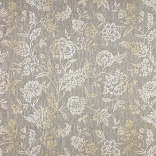 Silver-grey floral fabric with pale ivory blossoms and a subtle diagonal weave