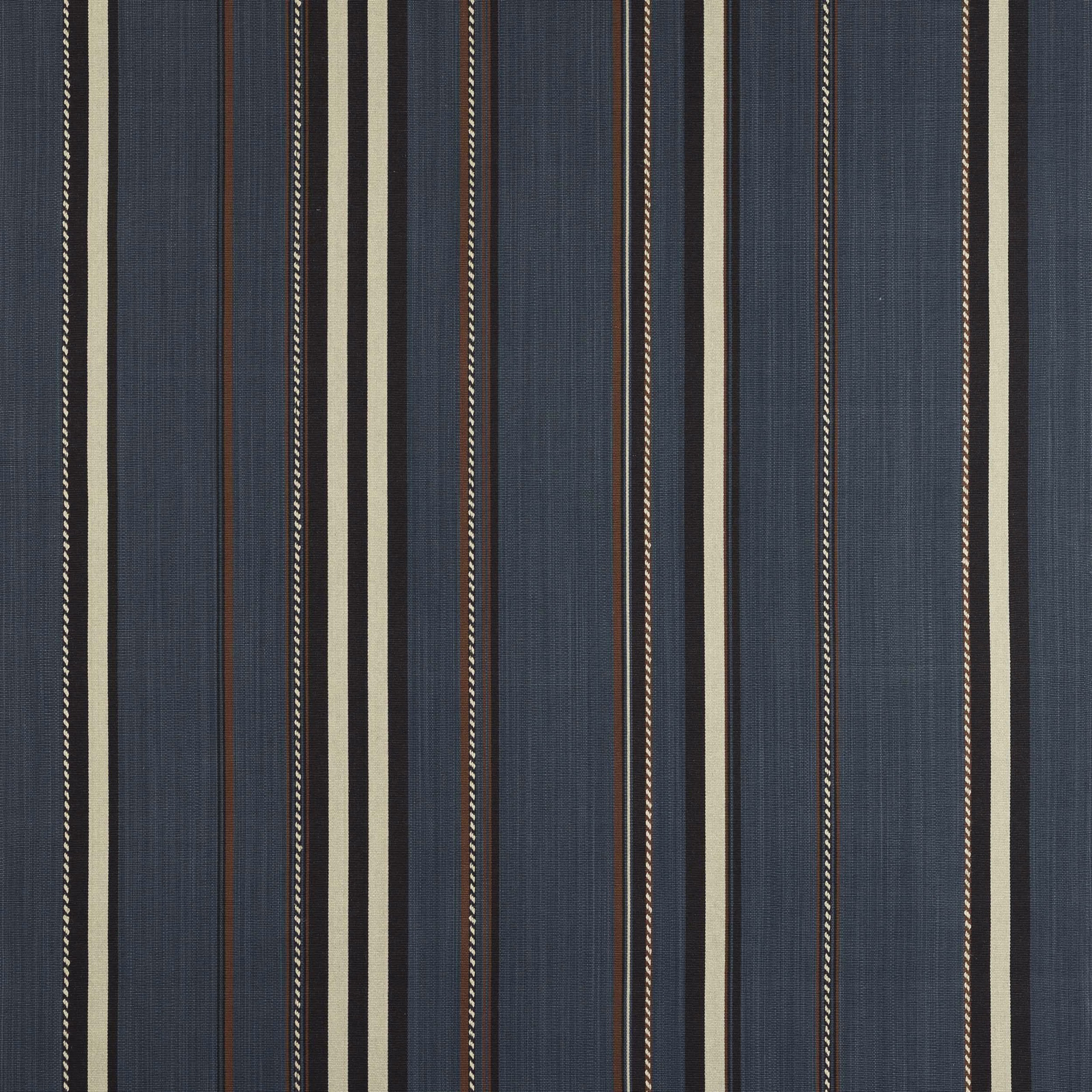 Vertical teal-blue striped fabric with cream bands and thin rust accents