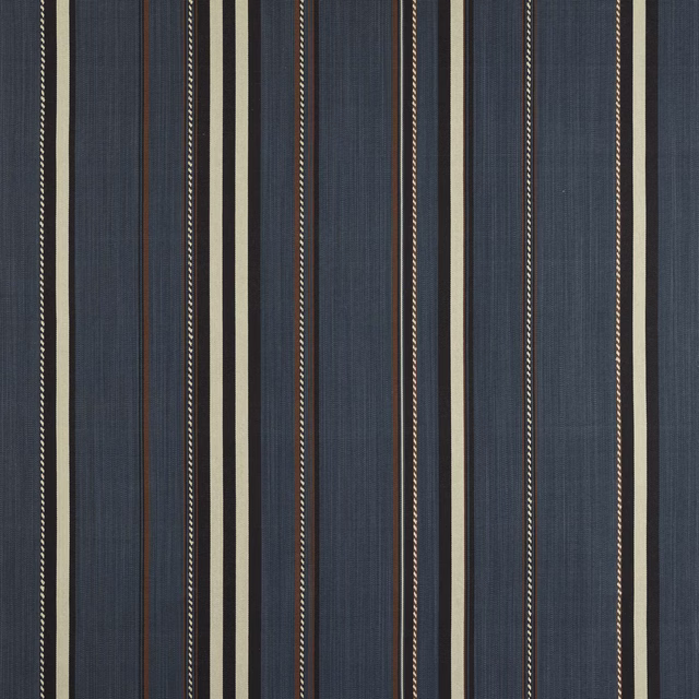 Vertical teal-blue striped fabric with cream bands and thin rust accents