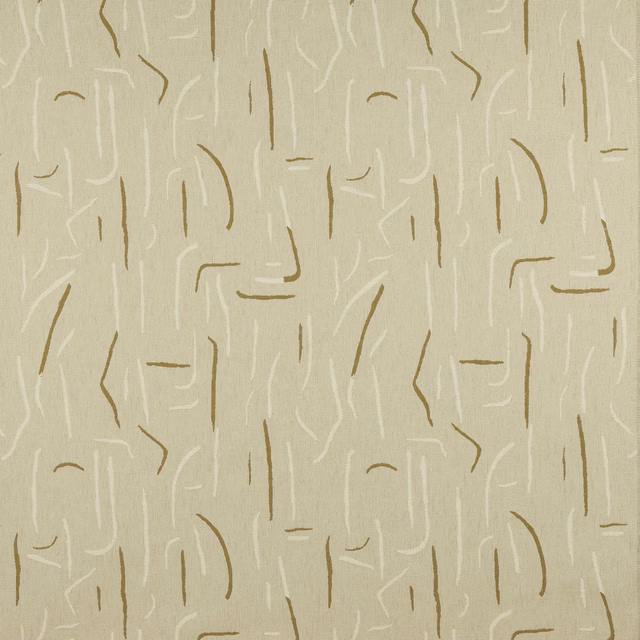 Cream abstract woven fabric with curry-gold linear marks and soft ivory strokes
