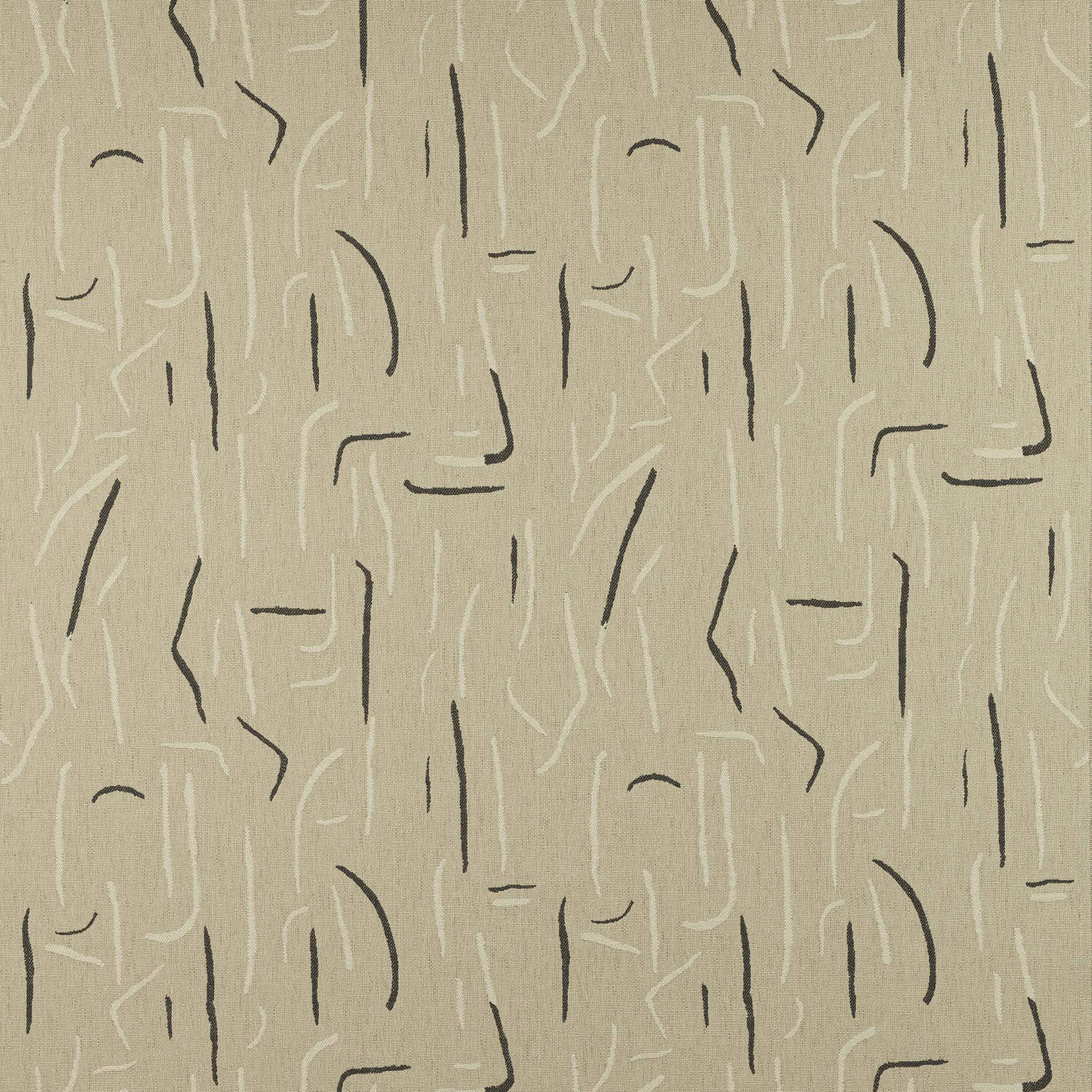 Beige abstract woven fabric with charcoal dash motifs and pale sketch lines