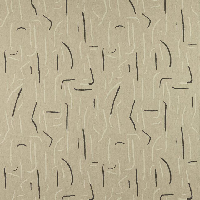 Beige abstract woven fabric with charcoal dash motifs and pale sketch lines