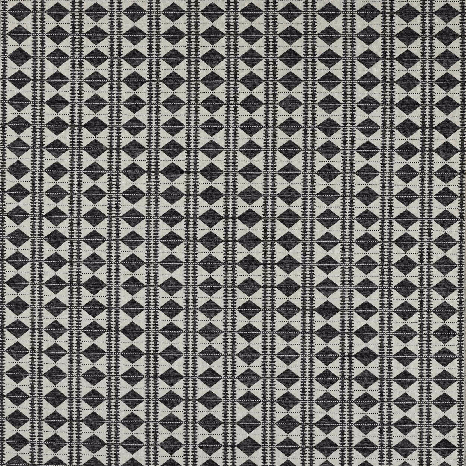 Black diamond geometric woven fabric on a pale linen ground, shown as a swatch