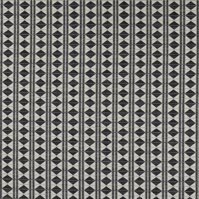 Black diamond geometric woven fabric on a pale linen ground, shown as a swatch