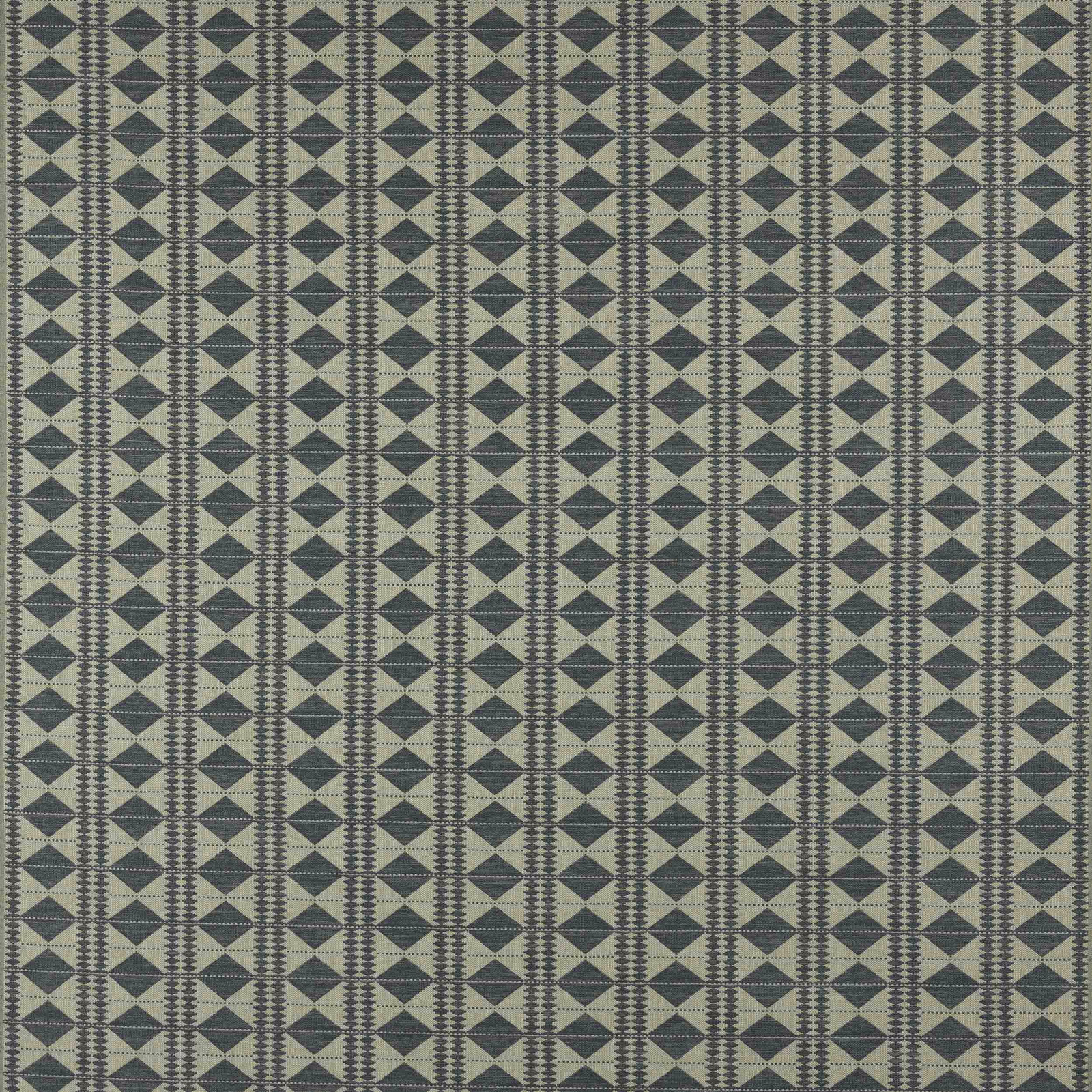Small teal-blue diamond geometric fabric with pale ground and narrow striped borders