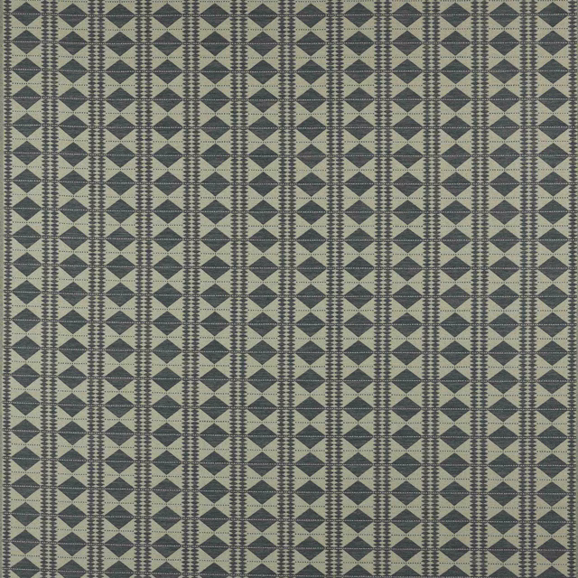 Small teal-blue diamond geometric fabric with pale ground and narrow striped borders