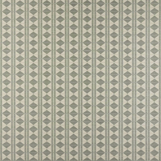 Pale sea-glass green geometric woven fabric with beige ground and diamond lattice pattern