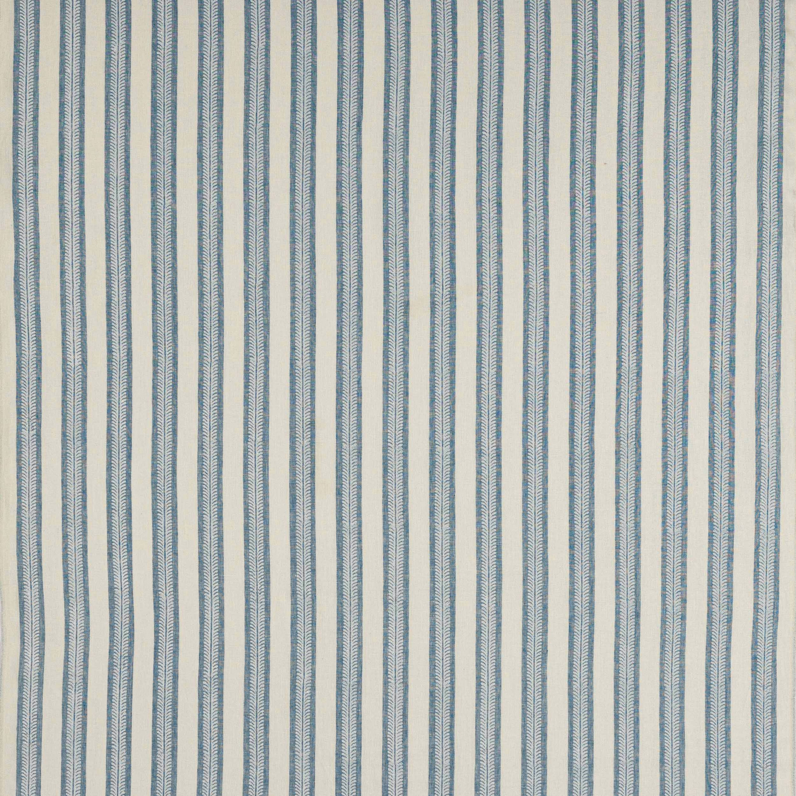 Blue and ivory fine vertical stripe linen swatch with small herringbone-like detailing