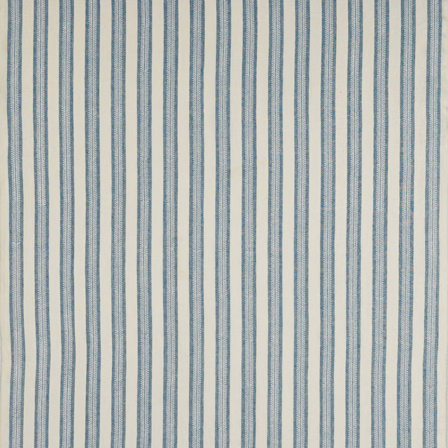 Blue and ivory fine vertical stripe linen swatch with small herringbone-like detailing