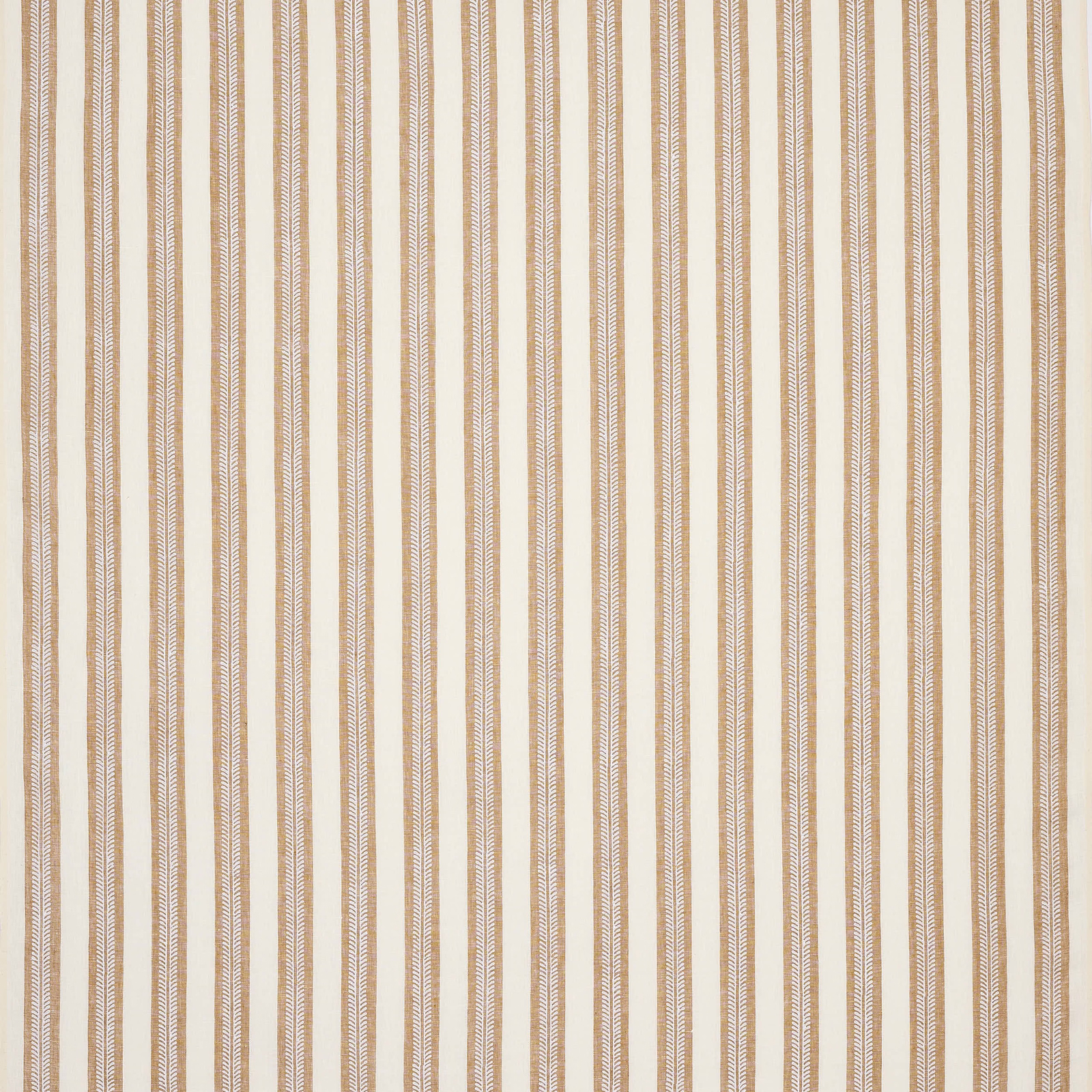 Vertical caramel and cream linen stripe with fine leaf-like inner detailing
