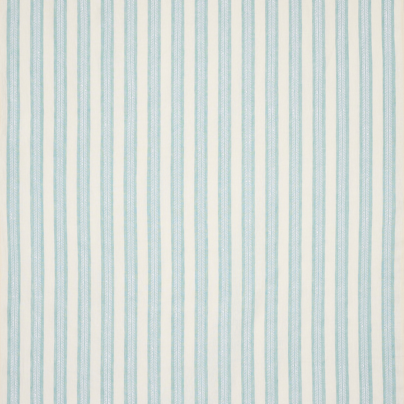 Pale duck egg blue and ivory vertical linen stripe with fine herringbone detail