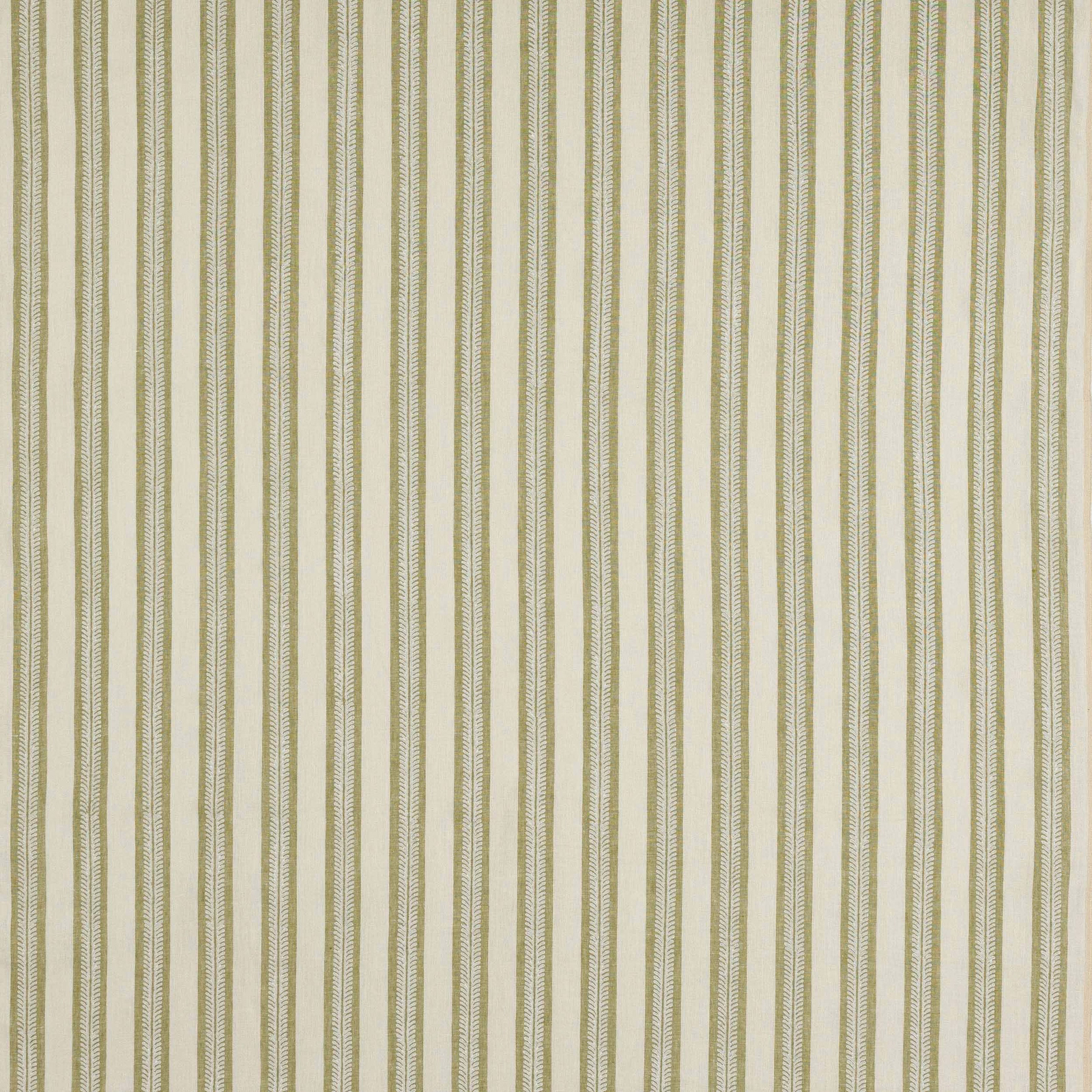 Pale linen fabric with narrow olive green vertical stripes and fine woven texture