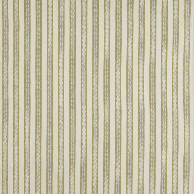 Pale linen fabric with narrow olive green vertical stripes and fine woven texture
