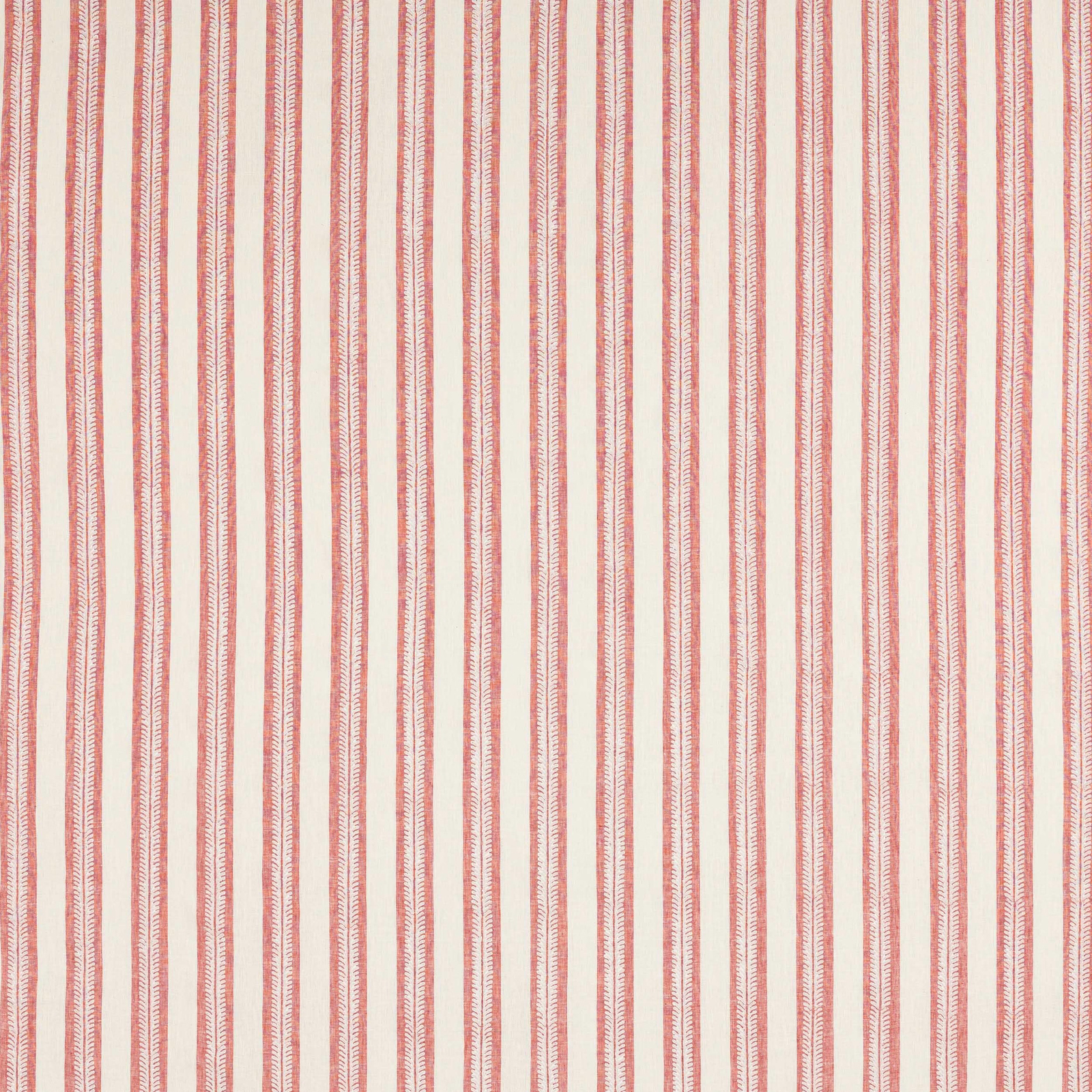 Coral red vertical stripe linen fabric on a pale cream ground