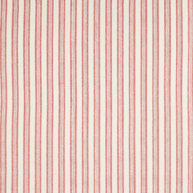 Coral red vertical stripe linen fabric on a pale cream ground