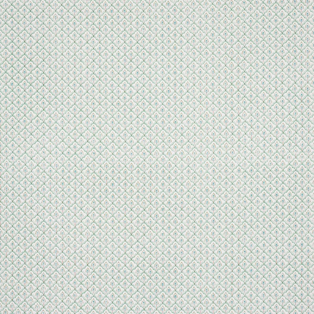 Small mint-green leaf motif on a pale woven ground