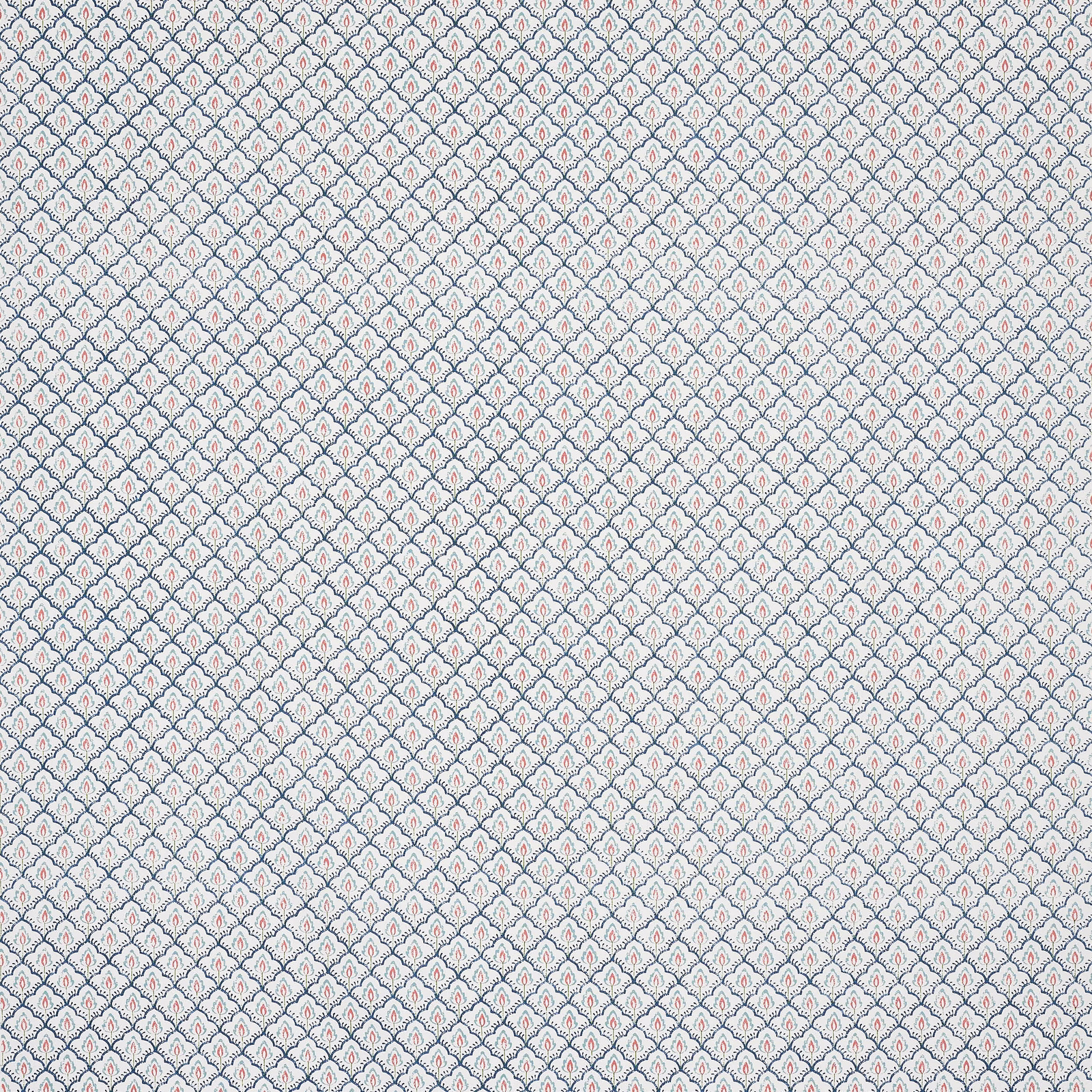 Small indigo blue diamond print on a pale linen-blend fabric swatch