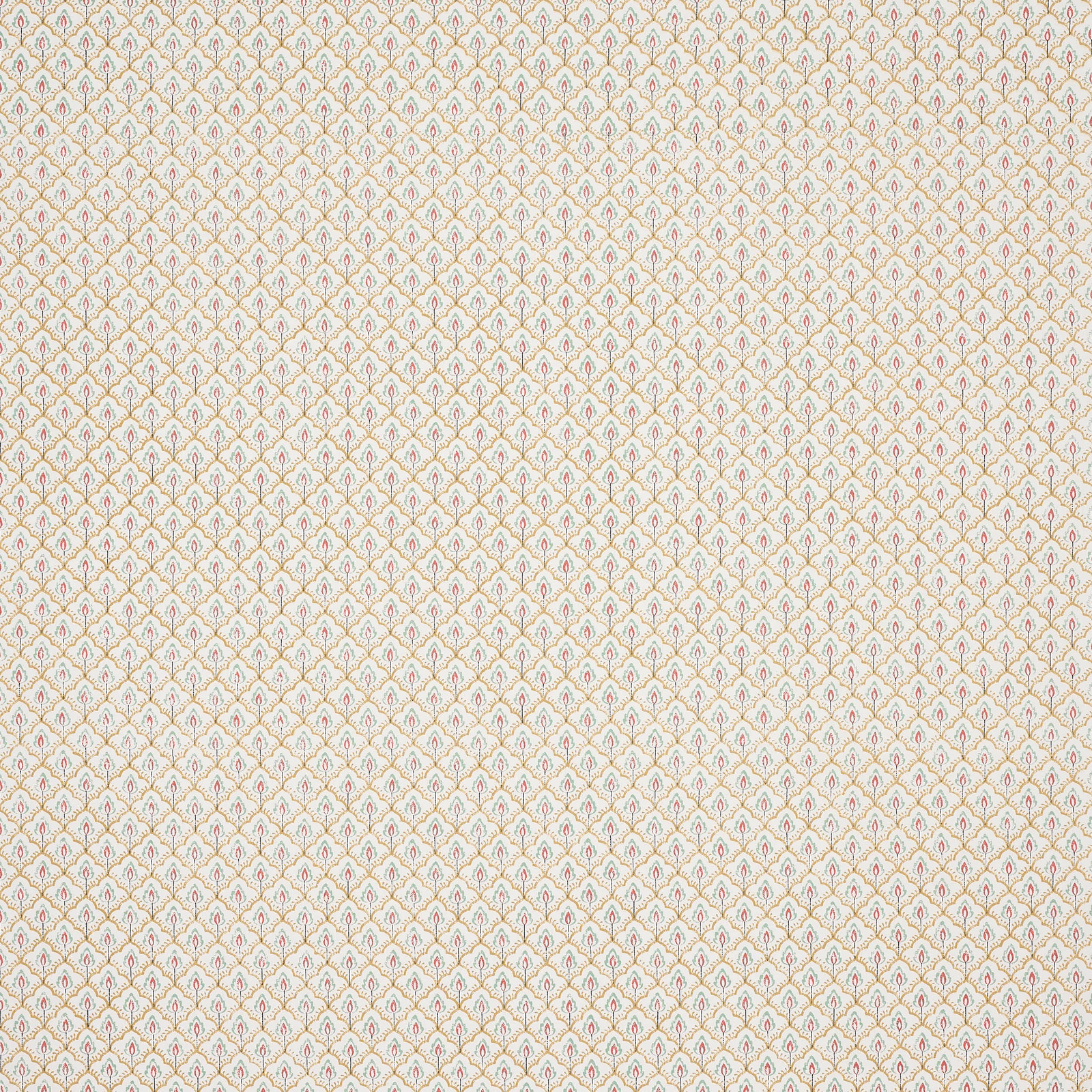 Small repeating yellow and cream lattice print on a pale fabric swatch
