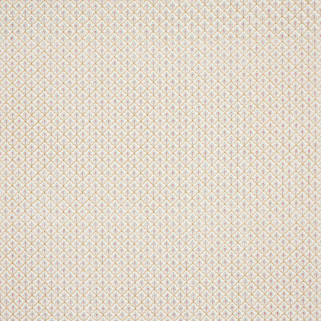 Small repeating yellow and cream lattice print on a pale fabric swatch