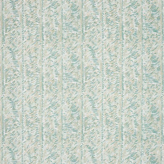 Soft aqua and cream vertical stripe fabric with wavy textured weave