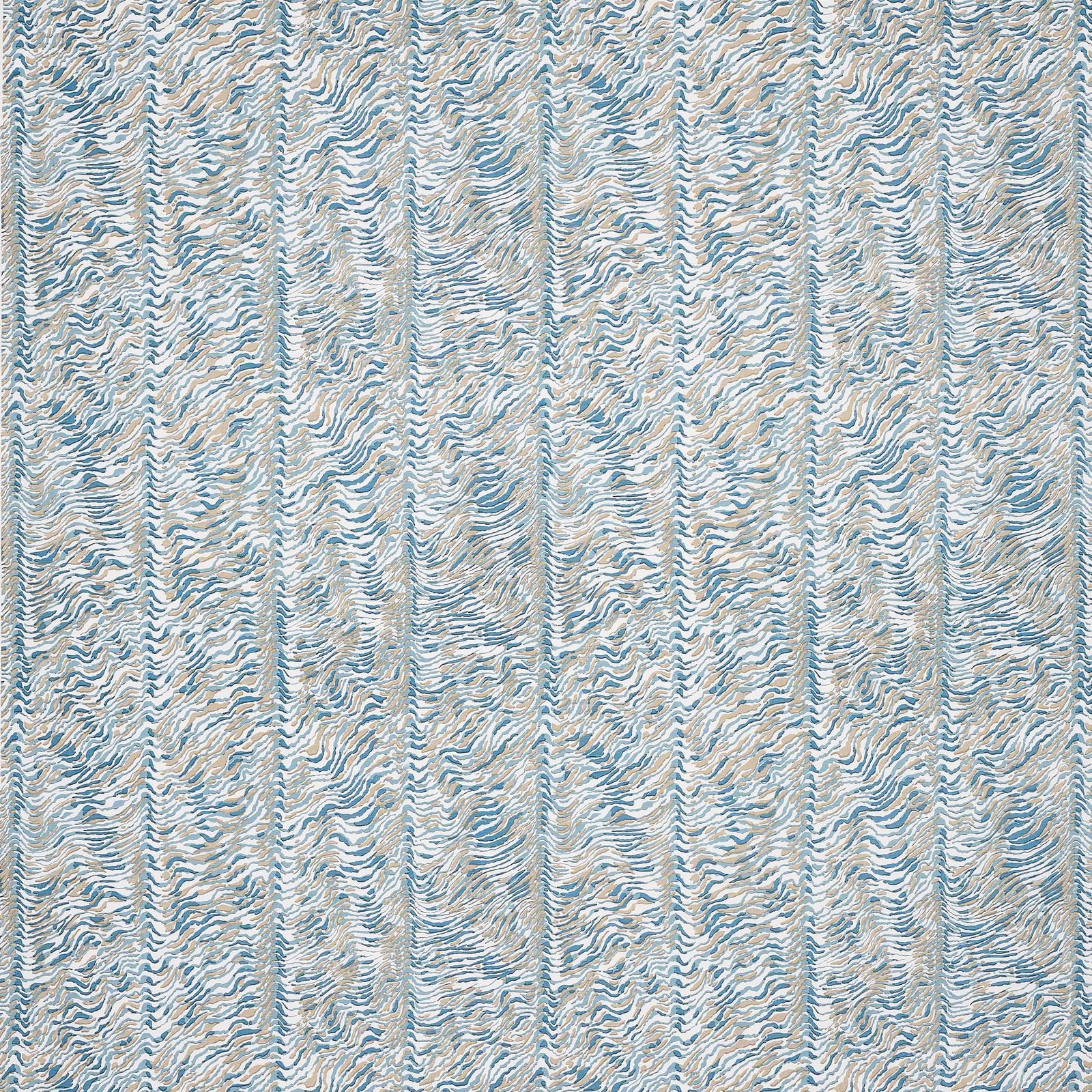 Pale aqua blue and cream wavy striped print on a linen-blend fabric swatch