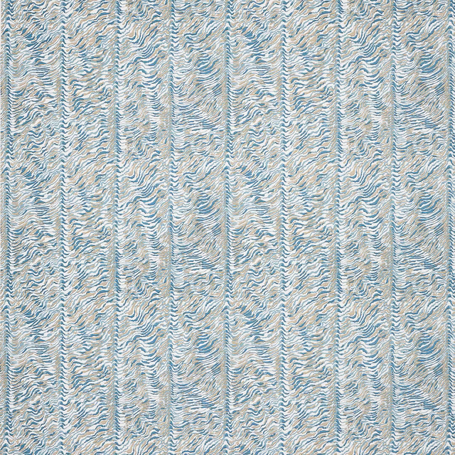 Pale aqua blue and cream wavy striped print on a linen-blend fabric swatch