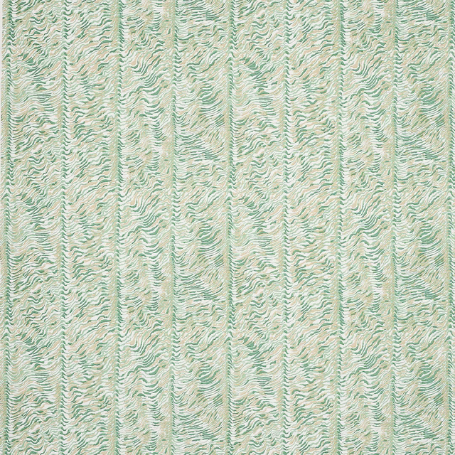 Pale mint green striped fabric swatch with wavy textured vertical pattern