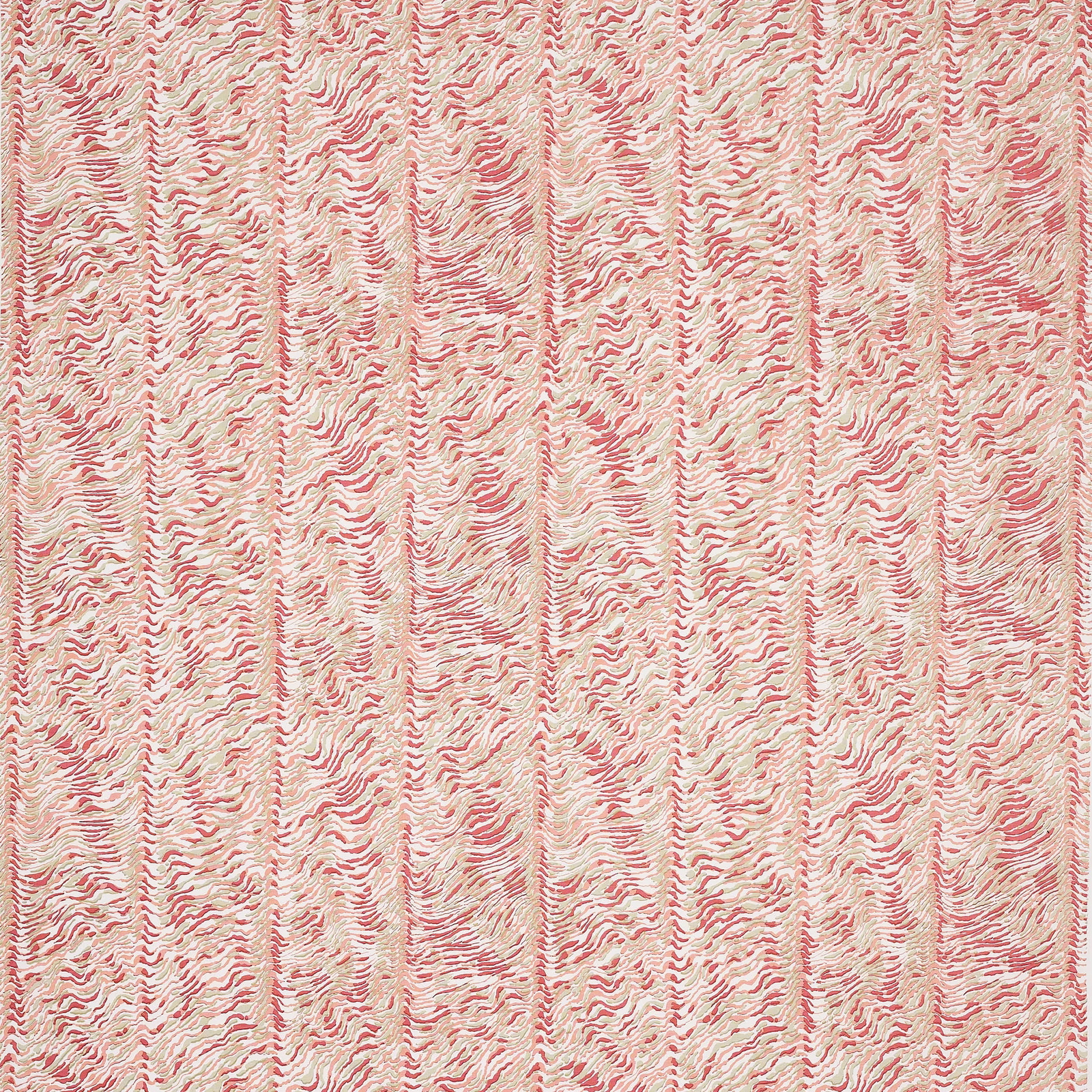 Cream and muted coral-red wavy vertical stripe fabric with a textured printed look